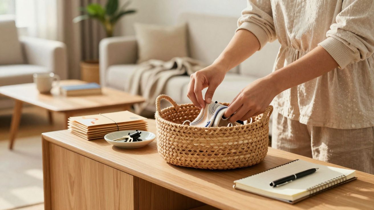 Pessoa a guardar sapatos infantis numa cesta de palha num ambiente acolhedor e organizado.
