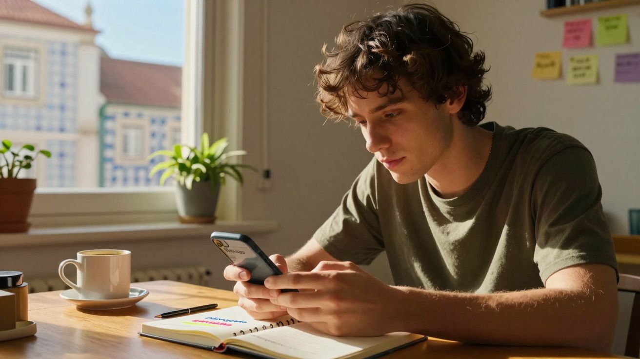 Jovem sentado à mesa a usar o telemóvel, com caderno aberto e chávena, luz natural entra pela janela.