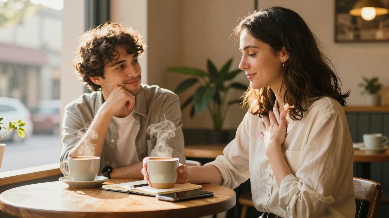 Casal sentado num café a conversar, ambos seguram chávenas quentes com vapor a sair.