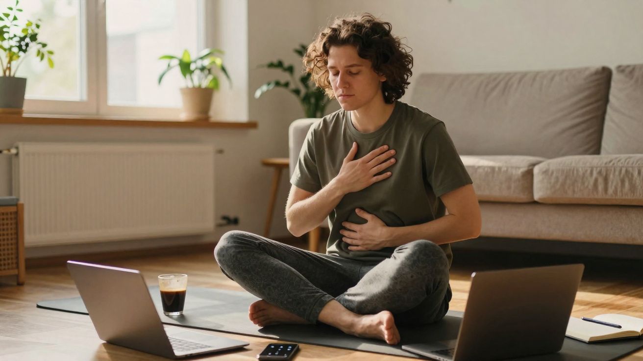 Pessoa sentada no chão, segurando o peito e a barriga, com dois computadores e um café à frente.