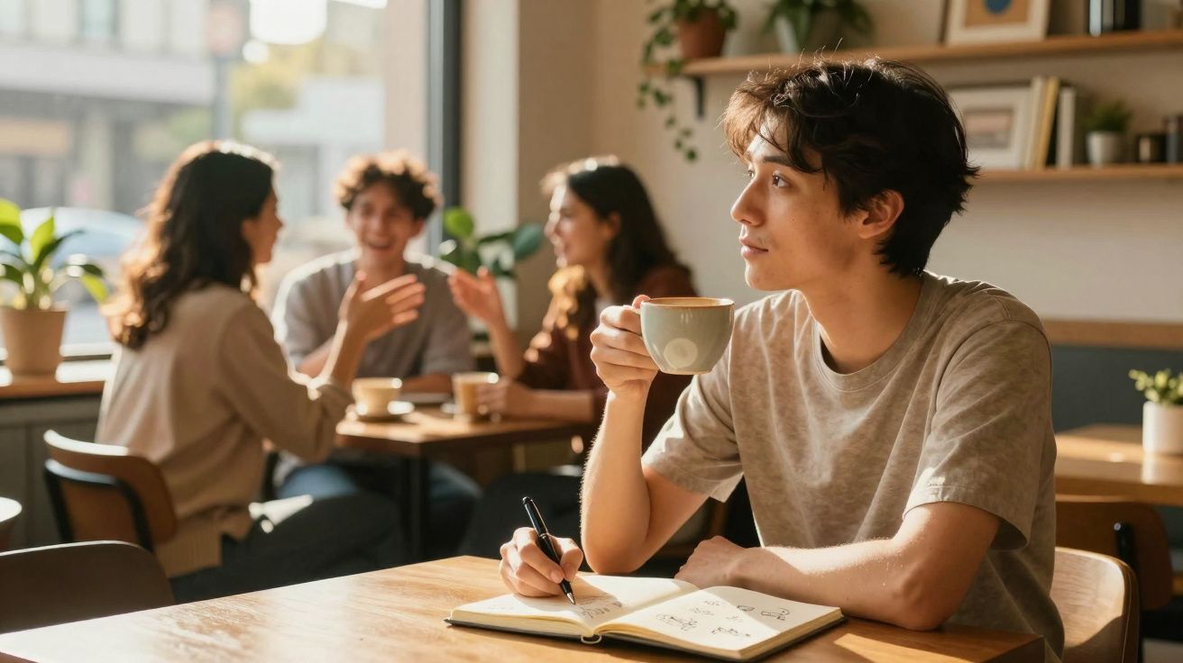 Jovem a beber café e a escrever num caderno numa cafeteria enquanto três pessoas conversam ao fundo.