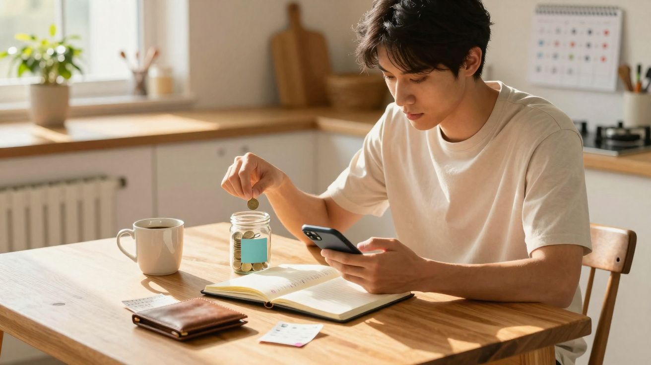 Homem jovem a guardar moedas num mealheiro enquanto consulta o telemóvel na cozinha iluminada.