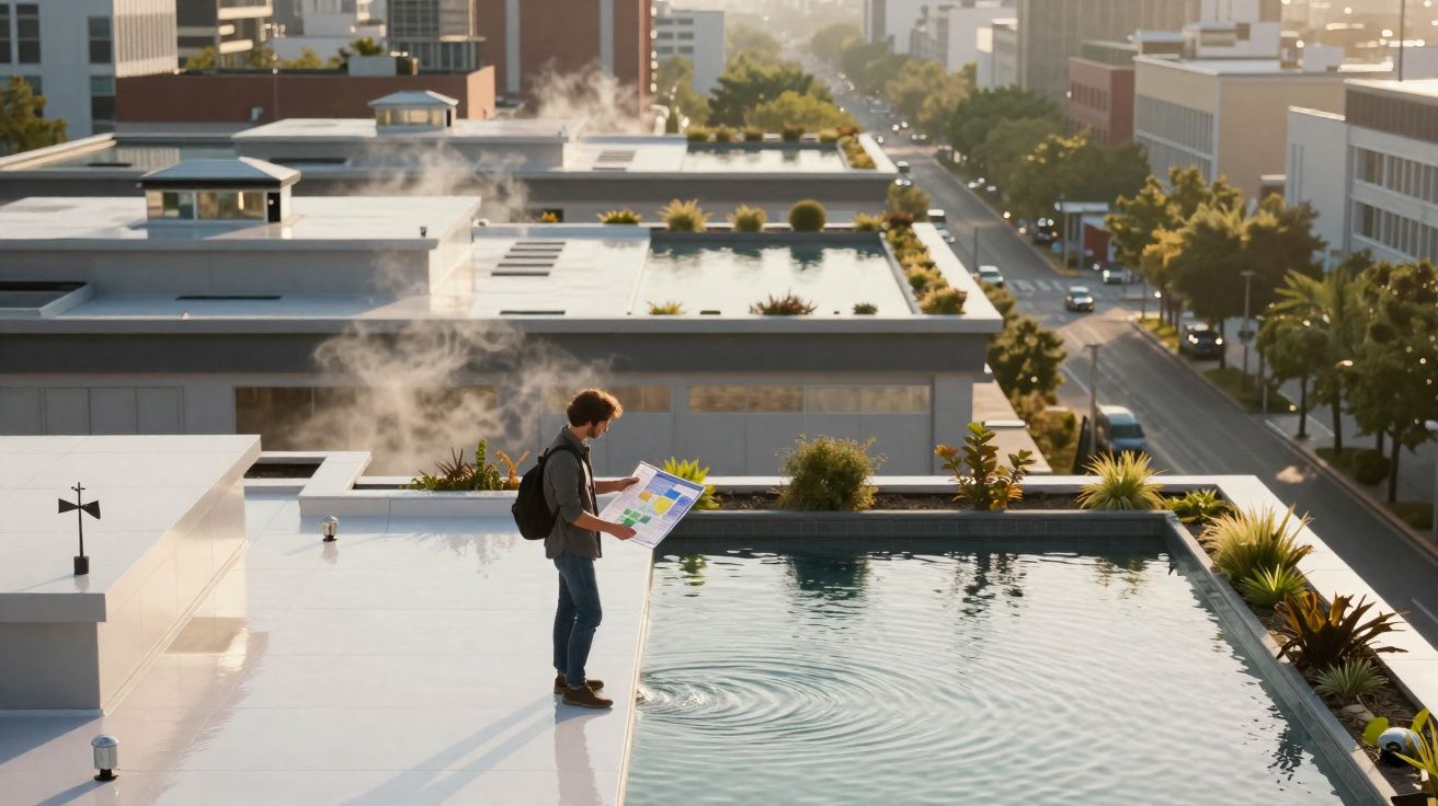 Homem com mochila consulta mapa num terraço junto a piscina com cidade ao fundo ao entardecer.