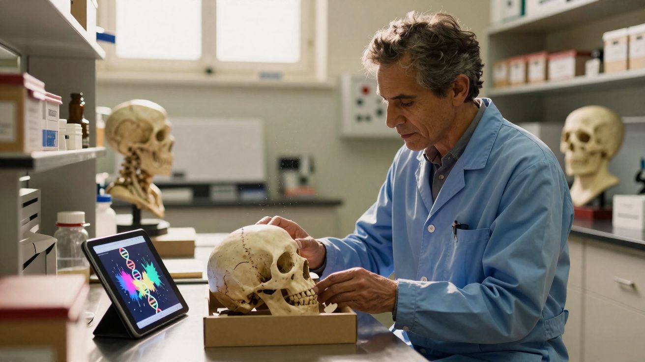 Homem com bata azul a examinar um crânio humano num laboratório com ecrã digital ao lado.