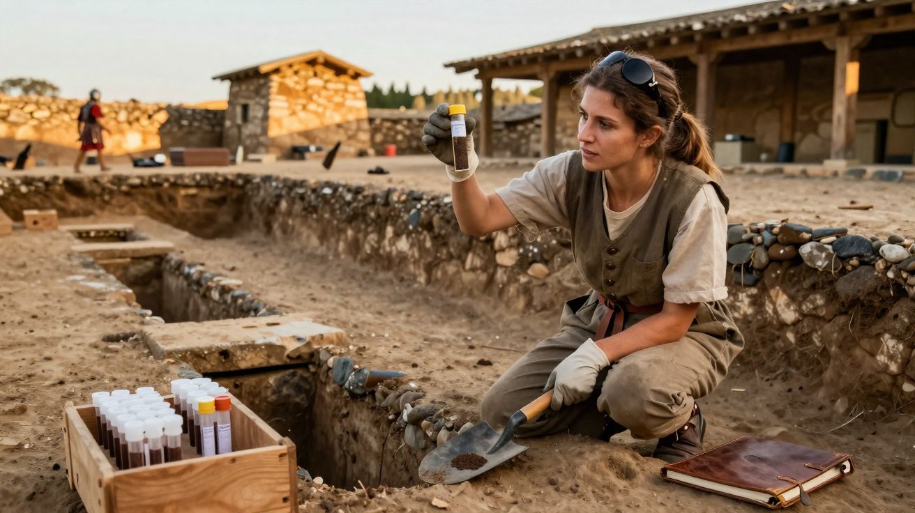 Arqueóloga examina amostra de terra em escavação arqueológica ao ar livre durante o pôr do sol.