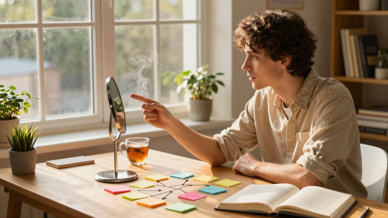 Jovem sentado à mesa com mapas mentais em post-its, olhando para espelho, com chá quente junto a janela.