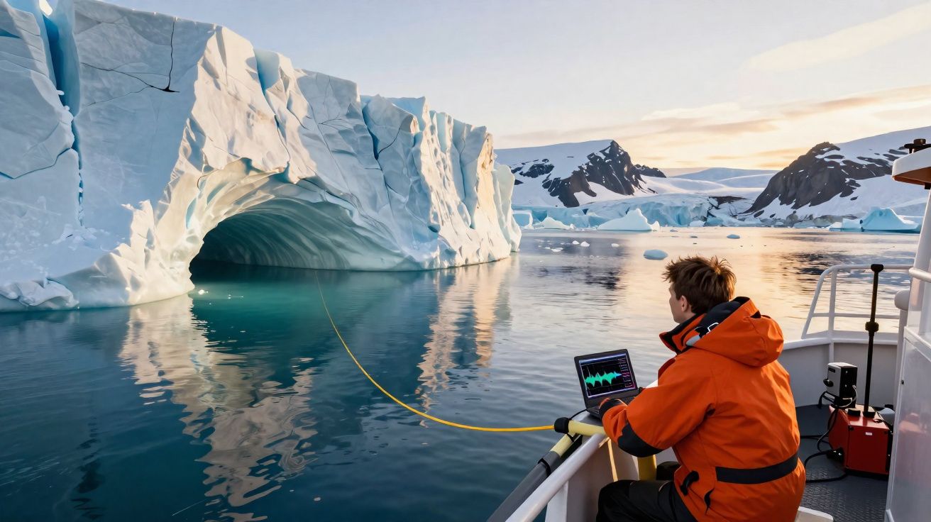 Pessoa em casaco laranja no barco a analisar dados com icebergue e caverna de gelo ao fundo.