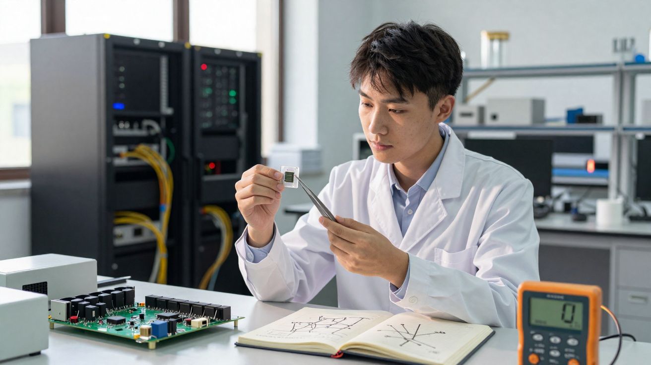 Cientista em laboratório analisa componente eletrônico usando pinça com esquemas técnicos sobre a mesa.