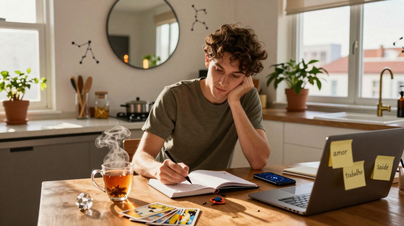 Pessoa jovem a escrever num caderno, sentada numa cozinha com chá quente e computador com post-its na secretária.
