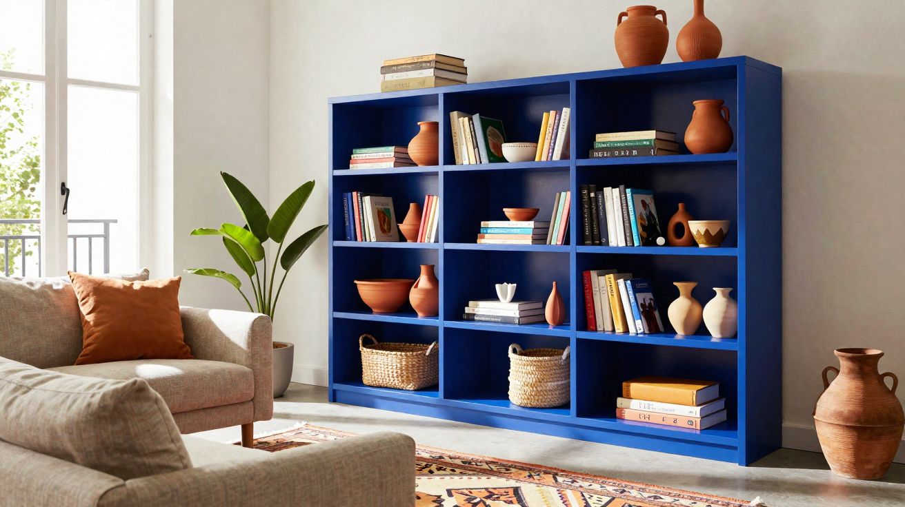 Estante azul com livros, cerâmicas e cestos, sofá cinza com almofadas castanhas e planta junto a janela.