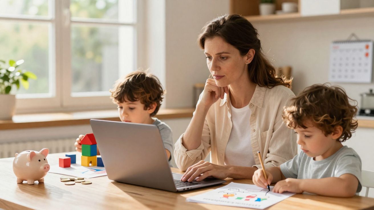 Mulher trabalha no computador enquanto duas crianças desenham e brincam numa mesa na cozinha.
