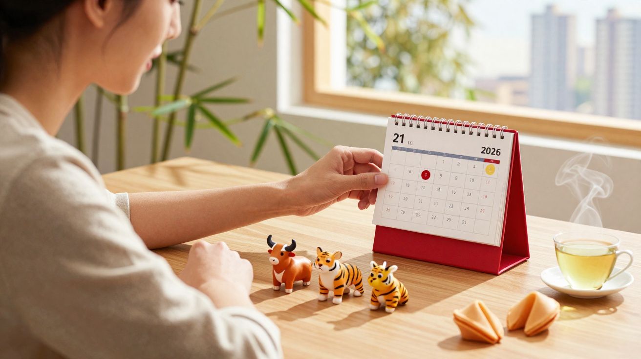Pessoa a olhar para calendário de mesa com pequenos bonecos de animais, uma chávena de chá e dois biscoitos da sorte.
