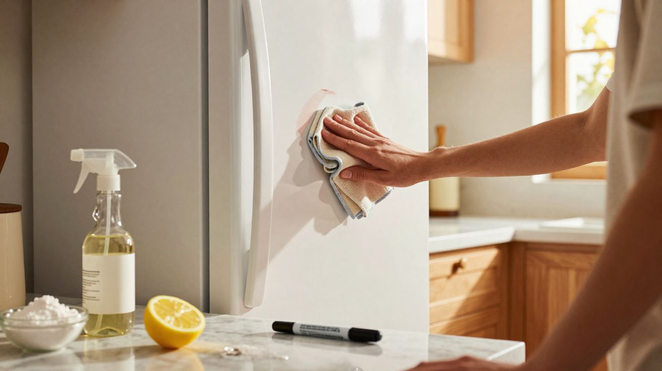 Pessoa a limpar porta branca de frigorífico numa cozinha com pano, spray, limão e produto de limpeza em cima do balcão.