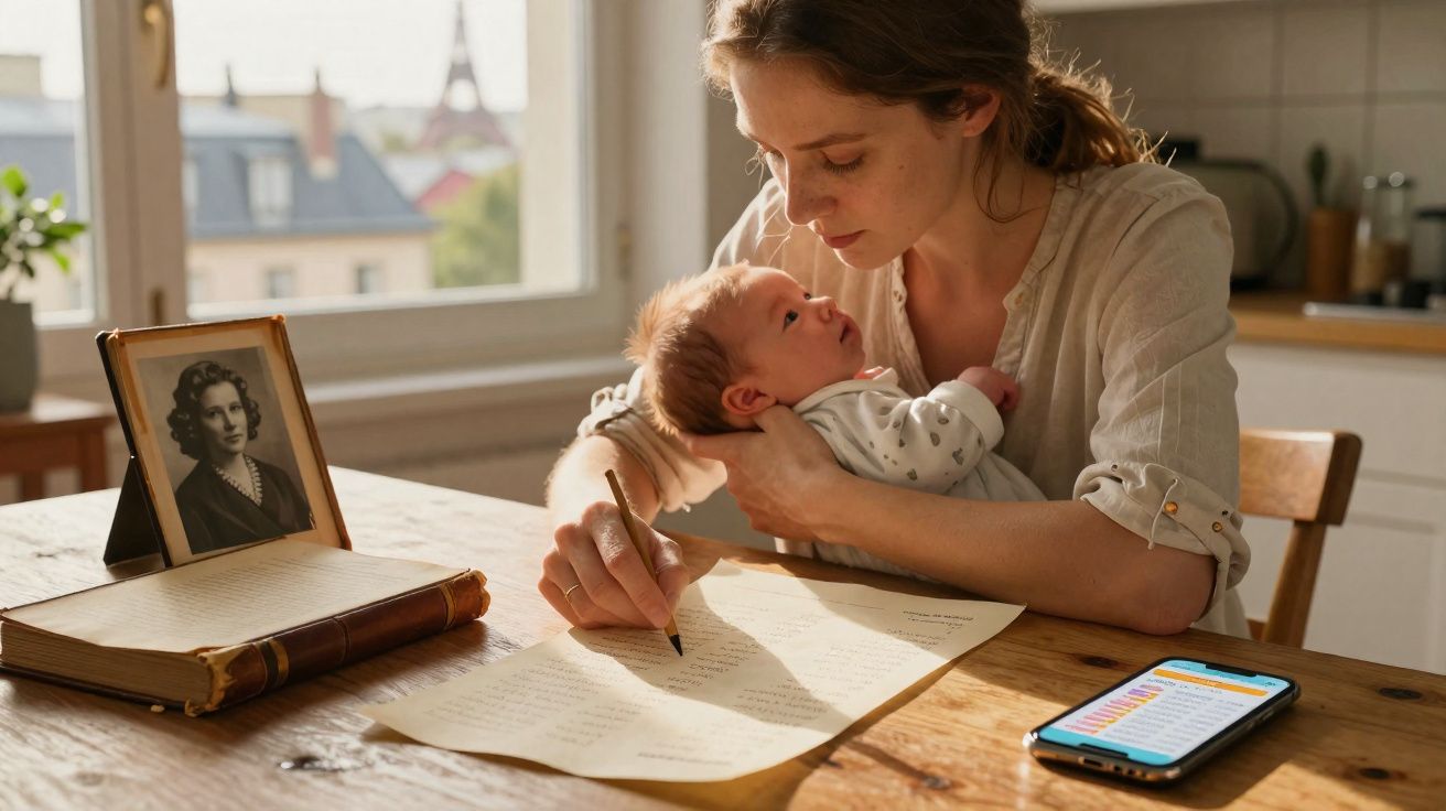 Mulher escreve uma carta enquanto segura um bebé no colo numa cozinha iluminada pela luz do dia.