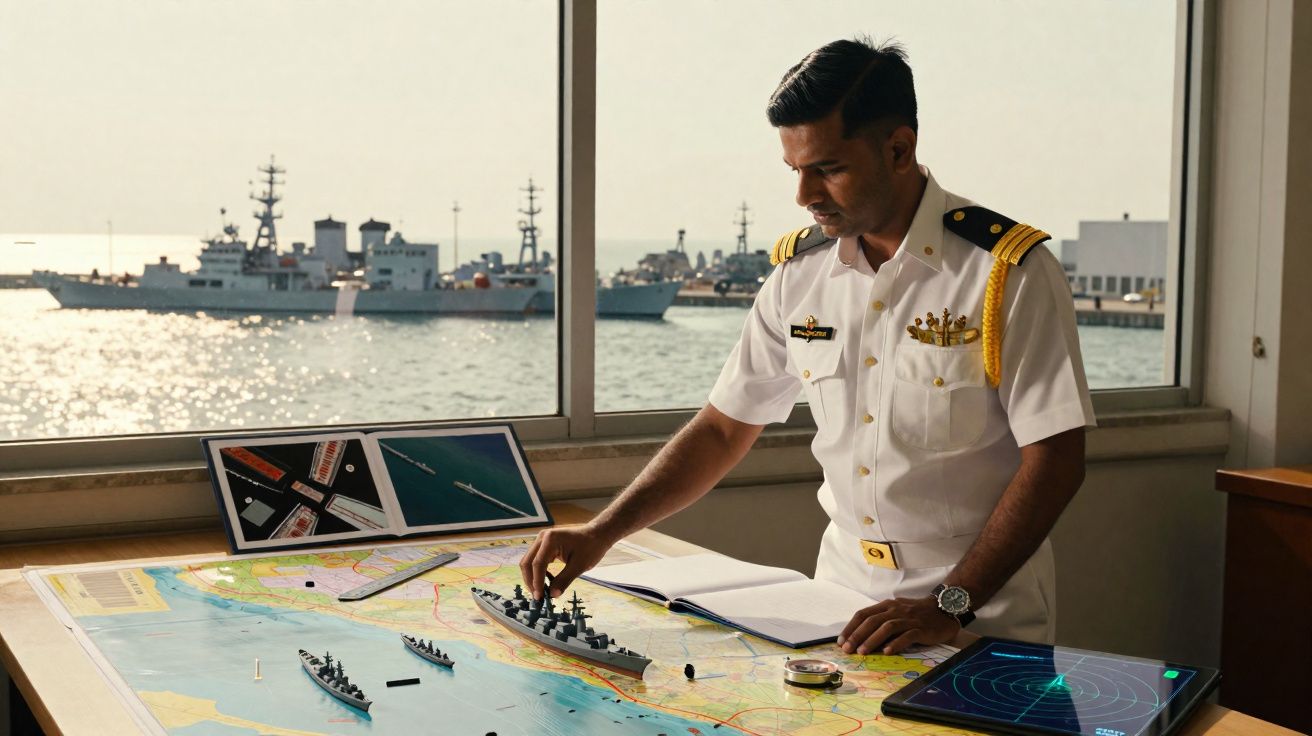 Oficial naval a estudar tática com mapas e modelos de navios num escritório com vista para o porto.