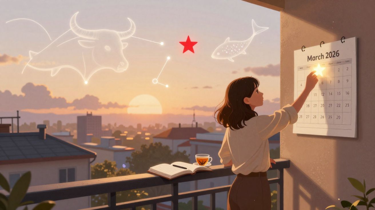 Mulher marca uma estrela no calendário de março de 2026, com céu ao pôr do sol e constelações brilhantes no horizonte.