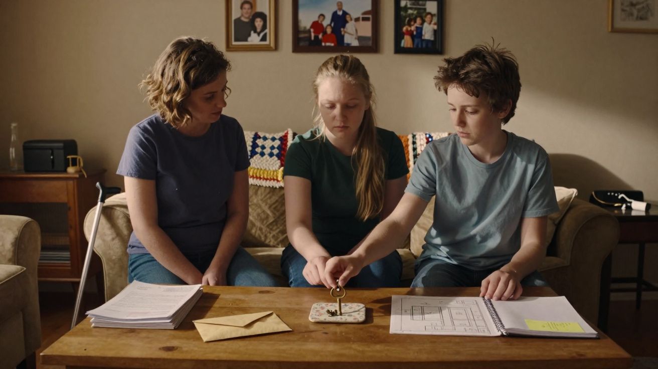 Três jovens sentados num sofá manipulam uma chave sobre uma mesa com papéis e envelopes à sua frente.