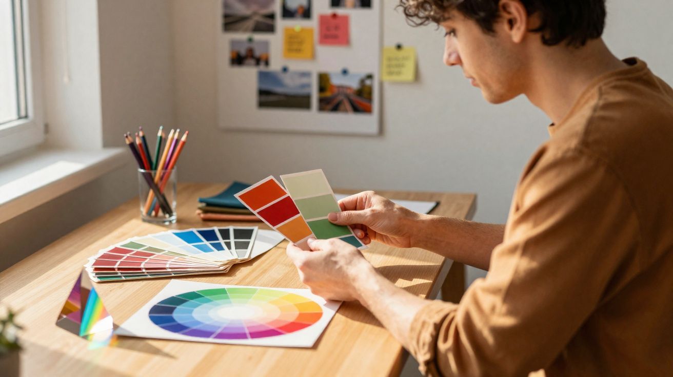 Pessoa a escolher cores em amostras num espaço de trabalho com círculo cromático e lápis de cor na mesa.