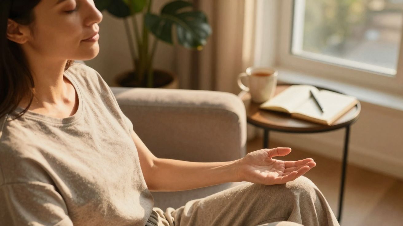 Mulher sentada na sala a meditar com olhos fechados, ambiente relaxante com mesa, chá e caderno ao fundo.