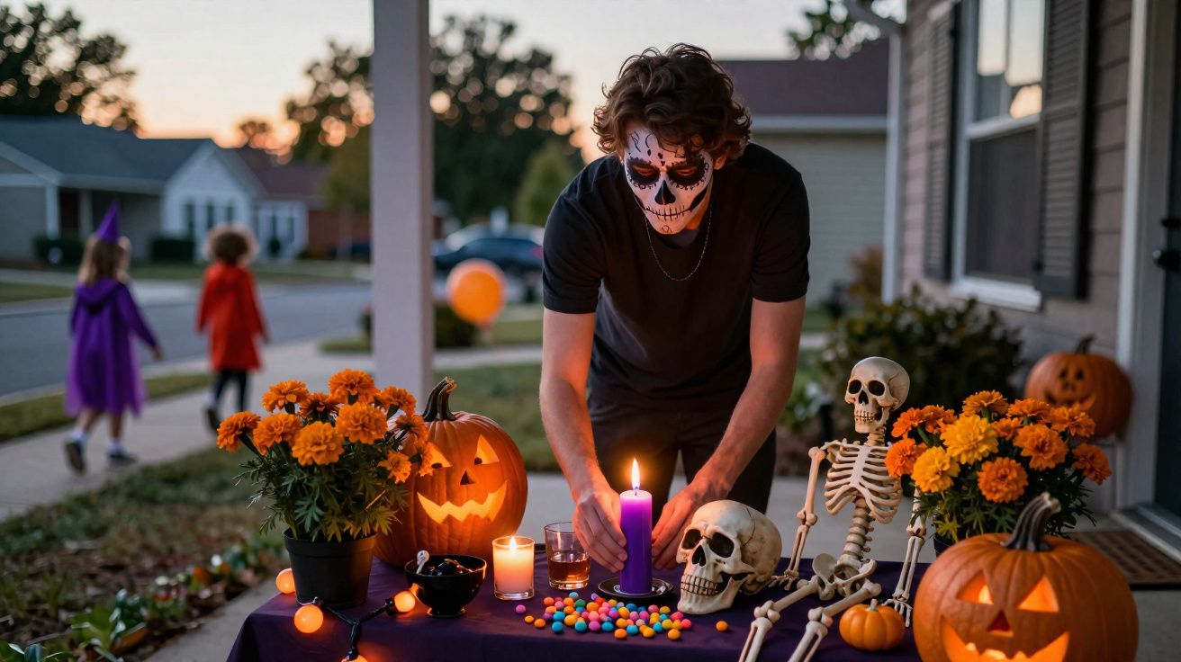 Homem com maquilhagem de caveira acende vela numa mesa decorada com abóboras, esqueletos e flores para Halloween.