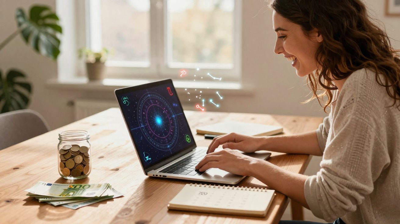 Mulher a sorrir a usar computador portátil numa mesa com moedas, dinheiro e calendário.