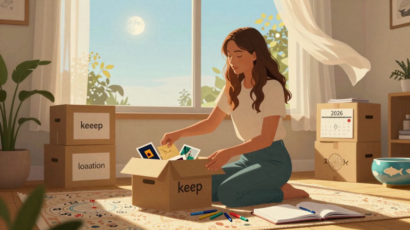 Mulher a arrumar fotografias numa caixa em sala iluminada pela janela com várias caixas e plantas no ambiente.