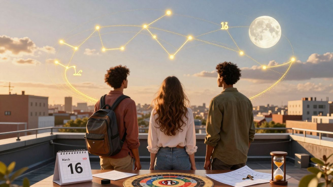 Três jovens observam constelações desenhadas no céu ao entardecer, com calendário na mesa marcado em 16 de março.