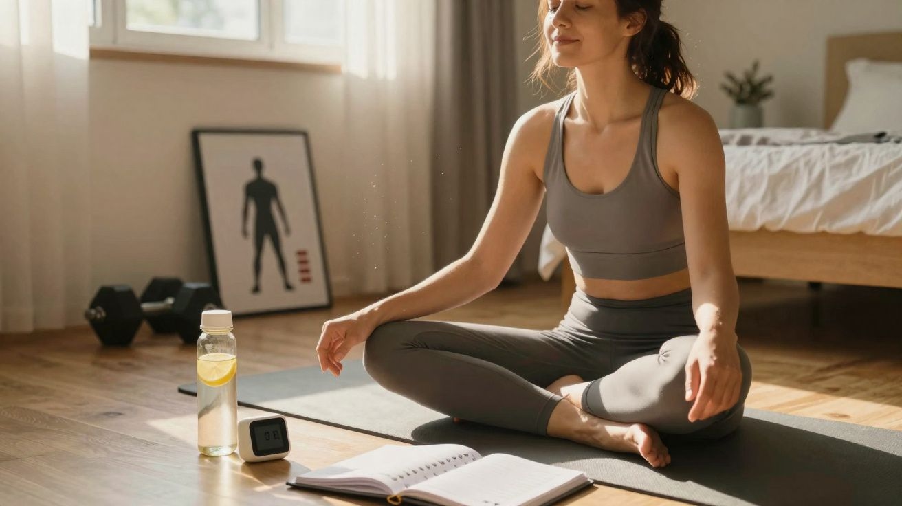 Mulher a meditar sentada no chão numa sala com tapete, garrafa de água e livro aberto.