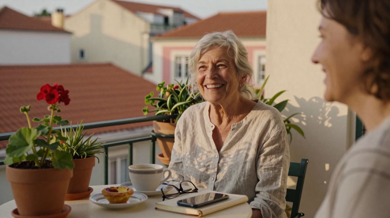 Duas mulheres conversam num terraço com plantas, uma sorri enquanto está sentada à mesa com café e um livro.