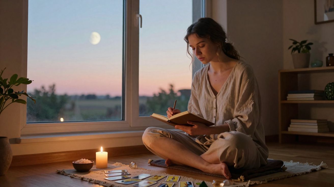 Mulher sentada no chão a ler tarot à luz de vela perto da janela ao pôr do sol.