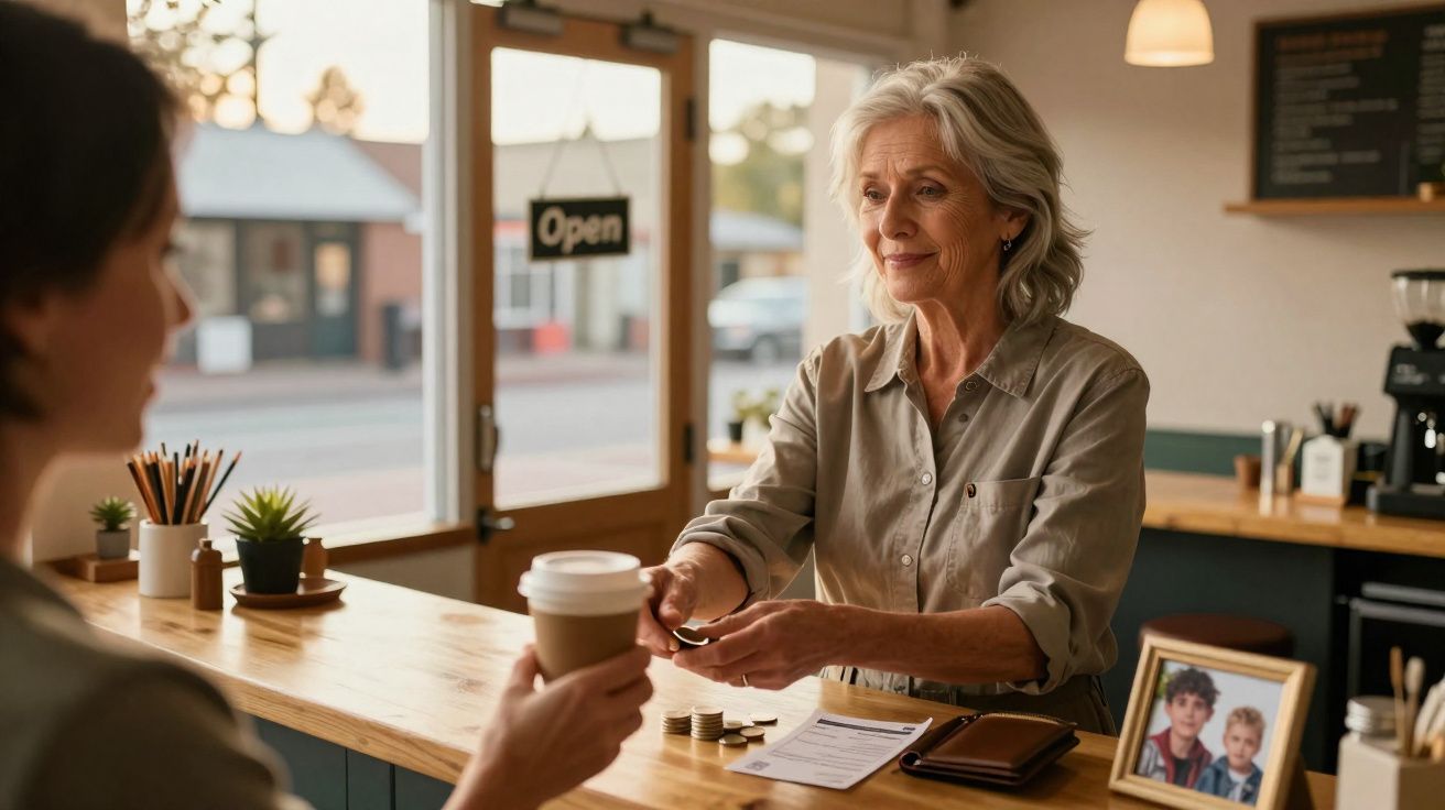 Mulher idosa a pagar uma bebida de café numa cafetaria acolhedora com decoração simples e familiar.