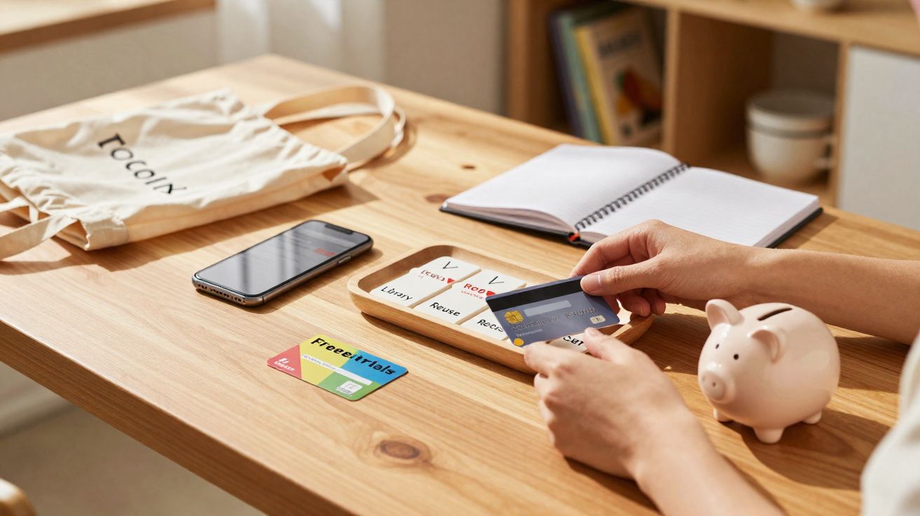 Pessoa segura cartão de crédito ao lado de mealheiro e objetos numa mesa de madeira clara.