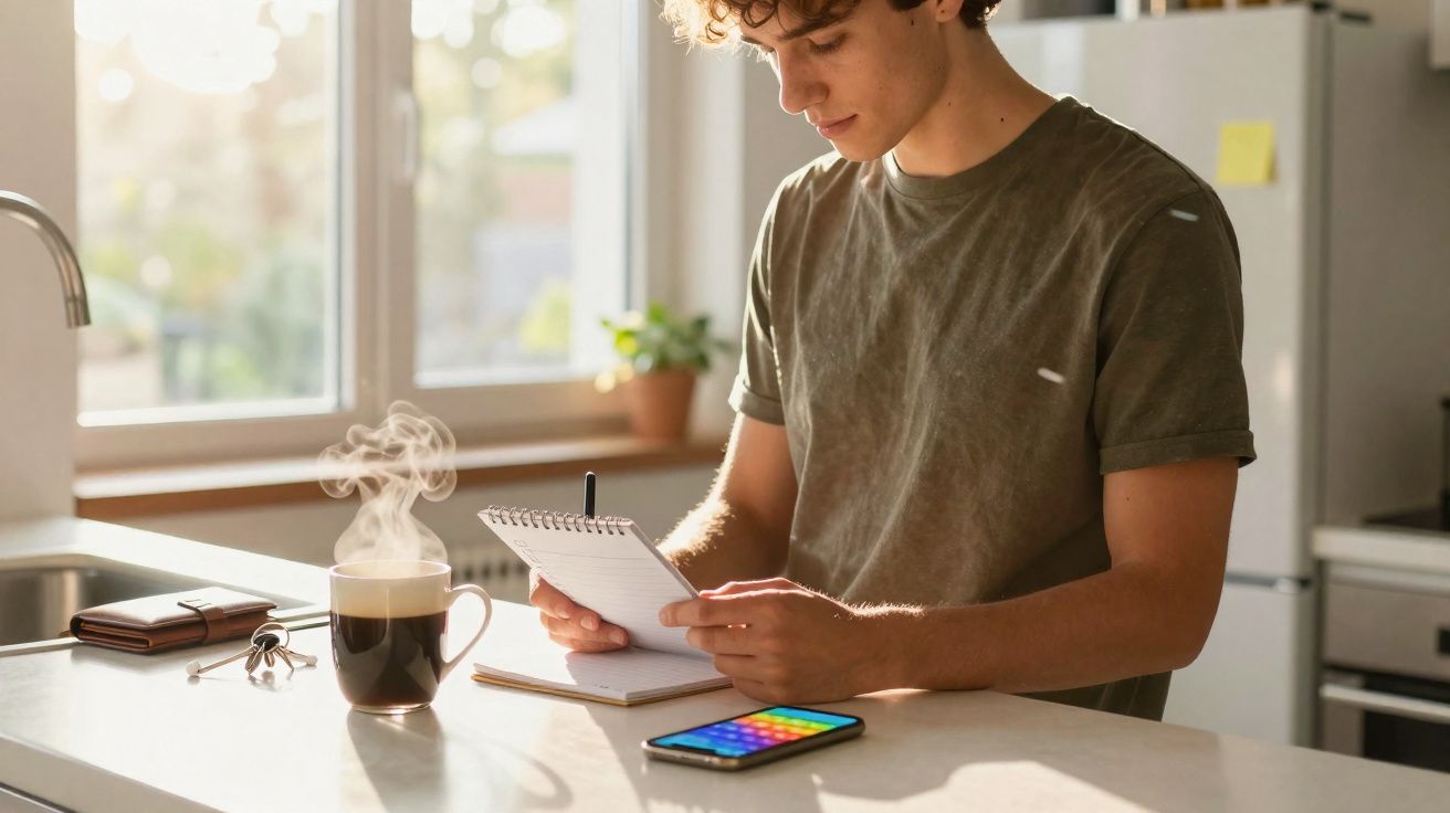 Jovem sentado numa cozinha iluminada, a ler um bloco de notas com um café quente ao lado e um telemóvel na mesa.