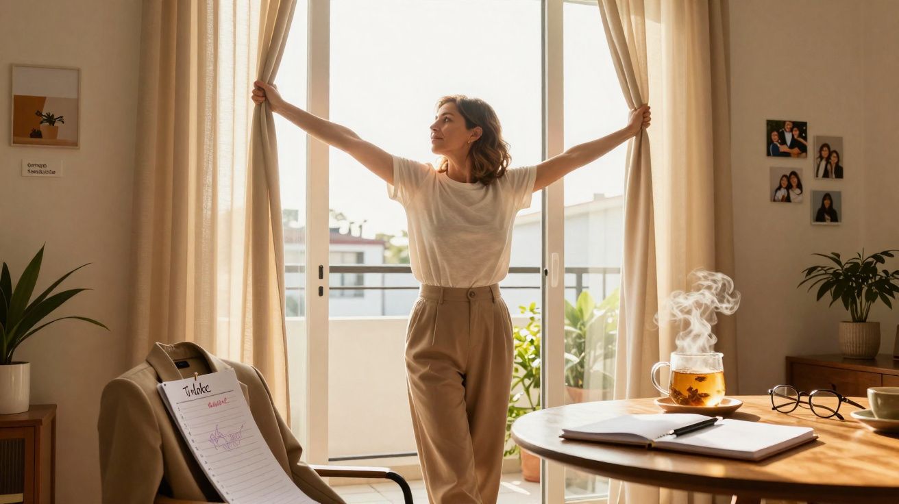Mulher abre as cortinas numa sala iluminada com chá fumegante e documentos sobre a mesa.