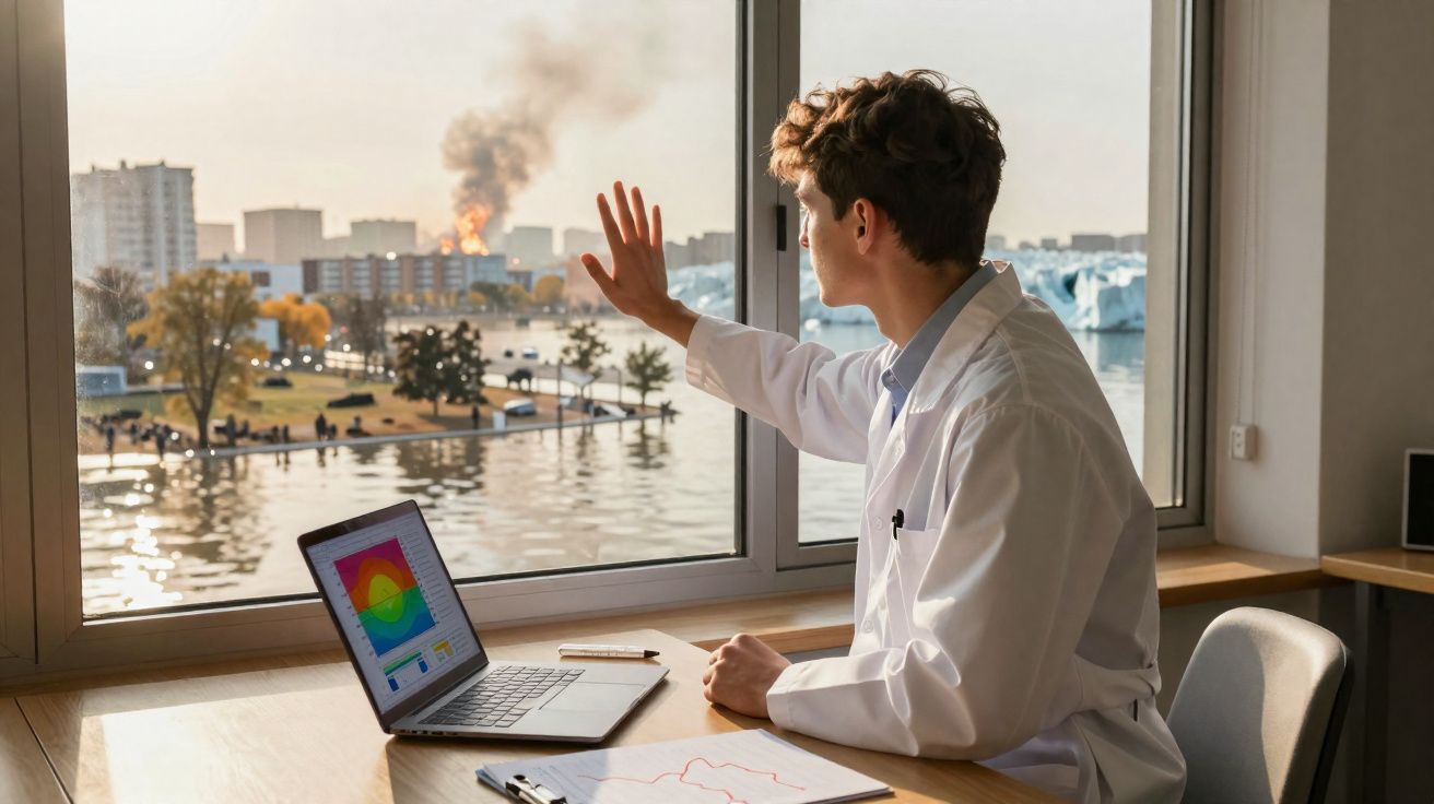 Homem de bata branca sentado numa secretária, olhando para fora da janela para um incêndio numa cidade.