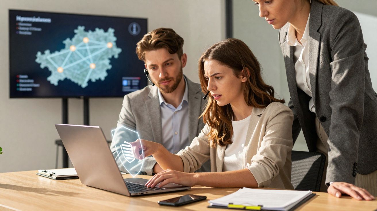 Três pessoas em escritório com computadores a discutir dados de cibersegurança numa reunião de trabalho.