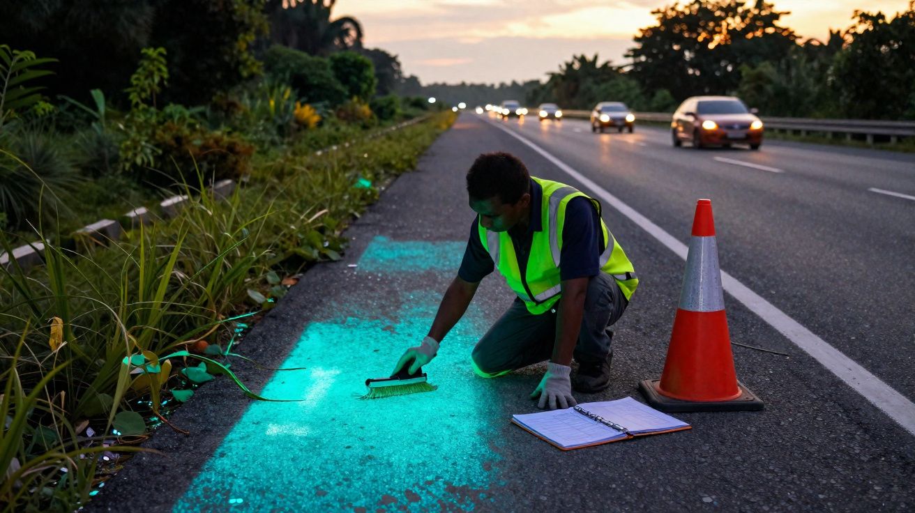 Trabalhador com colete refletor limpa tinta azul numa berma de estrada ao anoitecer, perto de cone de trânsito.