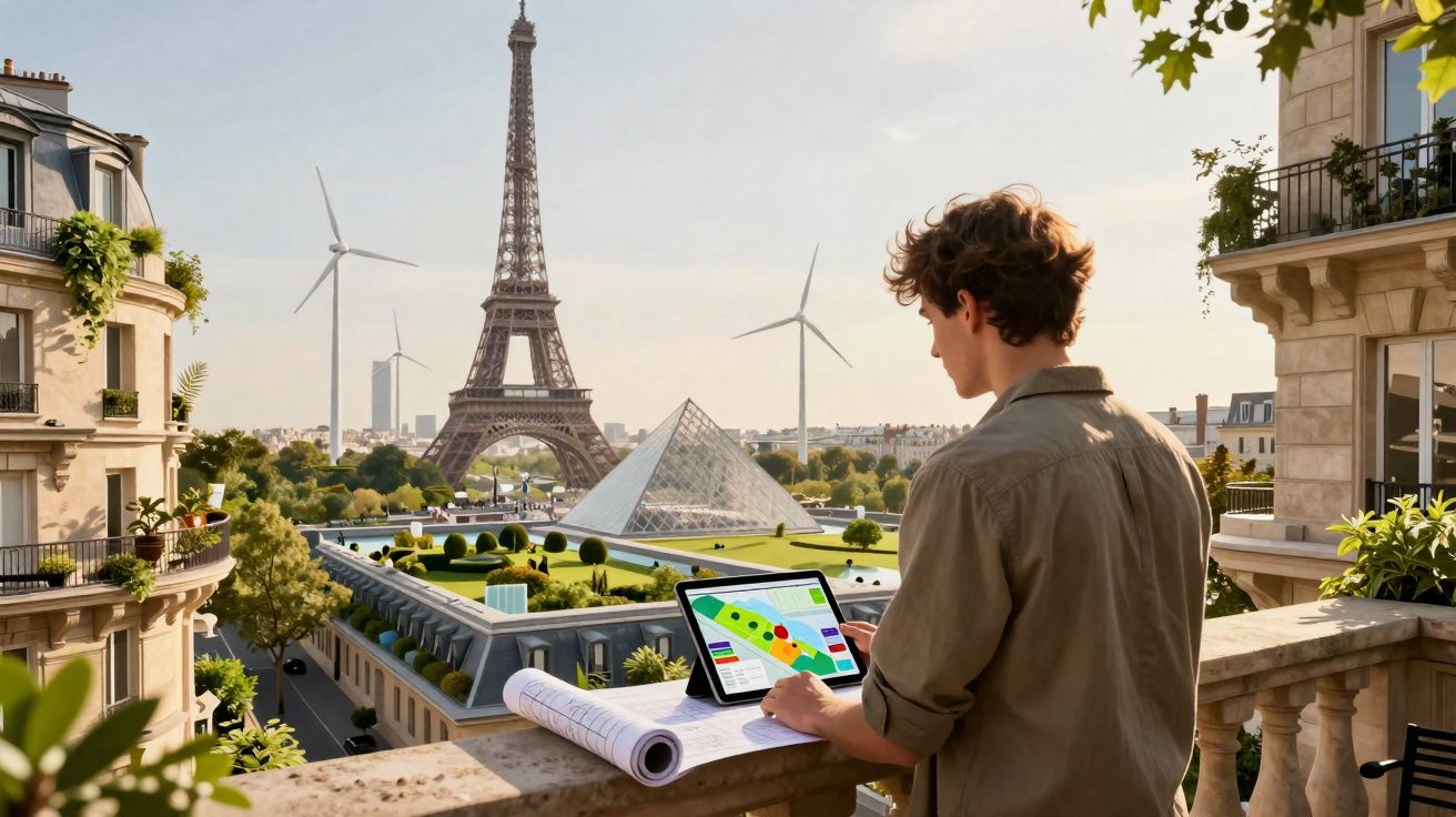 Jovem usa tablet com mapa num terraço, com Torre Eiffel e turbinas eólicas ao fundo em Paris.