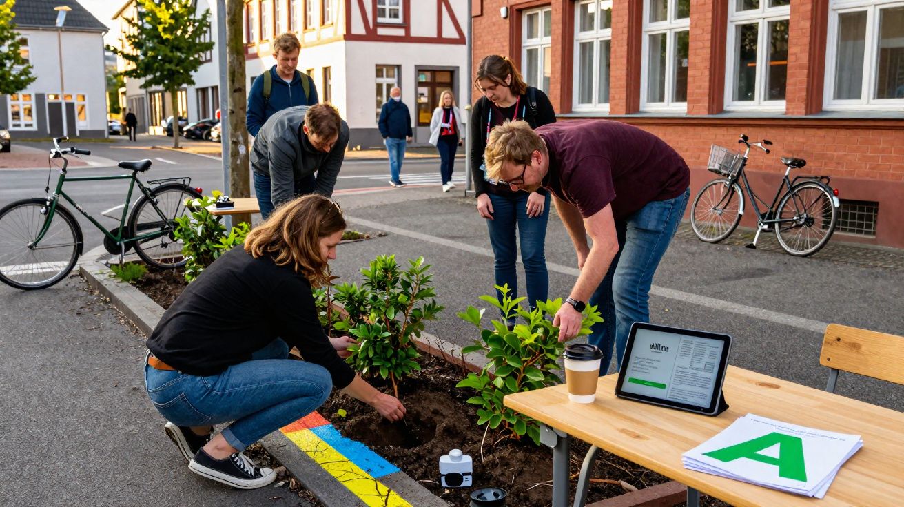 Grupo de pessoas a plantar arbustos ao lado de edifícios urbanos durante o dia.