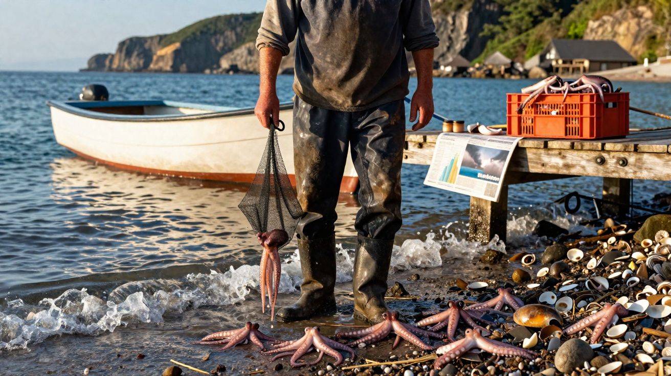 Pescador em botas a segurar polvo numa rede na praia com vários polvos e conchas perto do cais e barco.