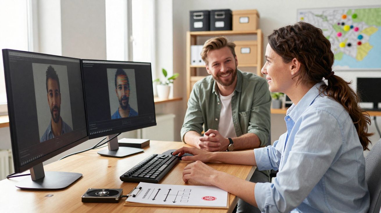 Duas pessoas a analisar fotografias digitais num computador com ecrãs duplos num escritório bem iluminado.