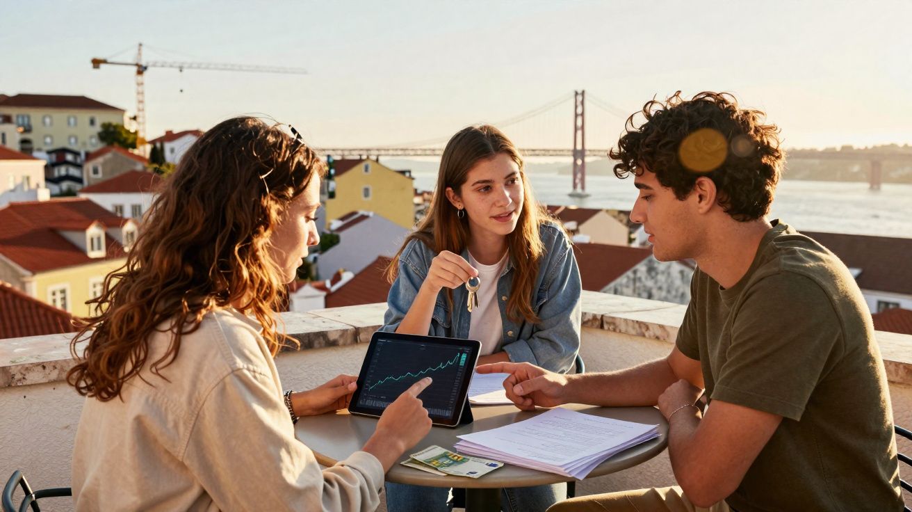 Três jovens numa varanda com vista para a ponte 25 de Abril, discutindo finanças com gráfico e chaves na mão.
