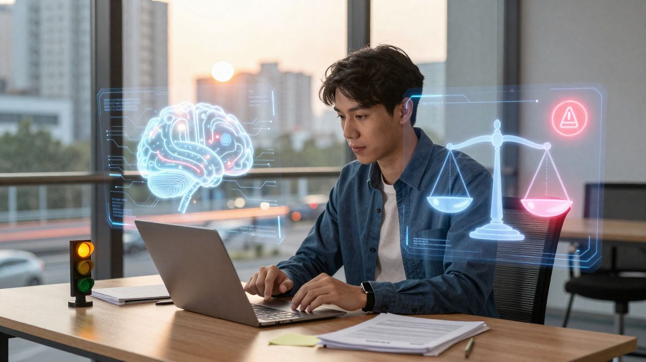 Homem a trabalhar num portátil com gráficos holográficos de cérebro e balança da justiça na mesa.