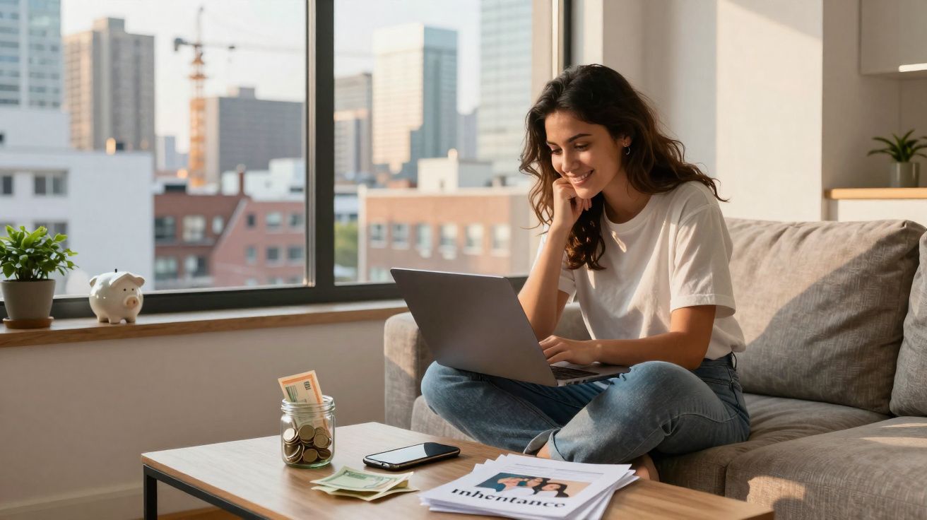 Jovem sentada no sofá a usar portátil, com jarro de moedas e jornal sobre herança na mesa à frente.