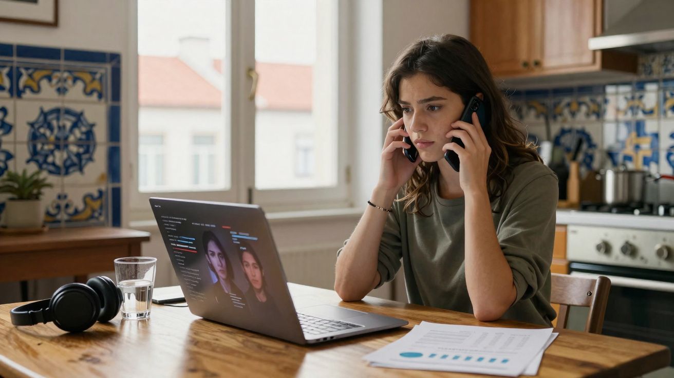 Mulher preocupada ao telefone com dois smartphones enquanto vê um computador portátil numa cozinha.
