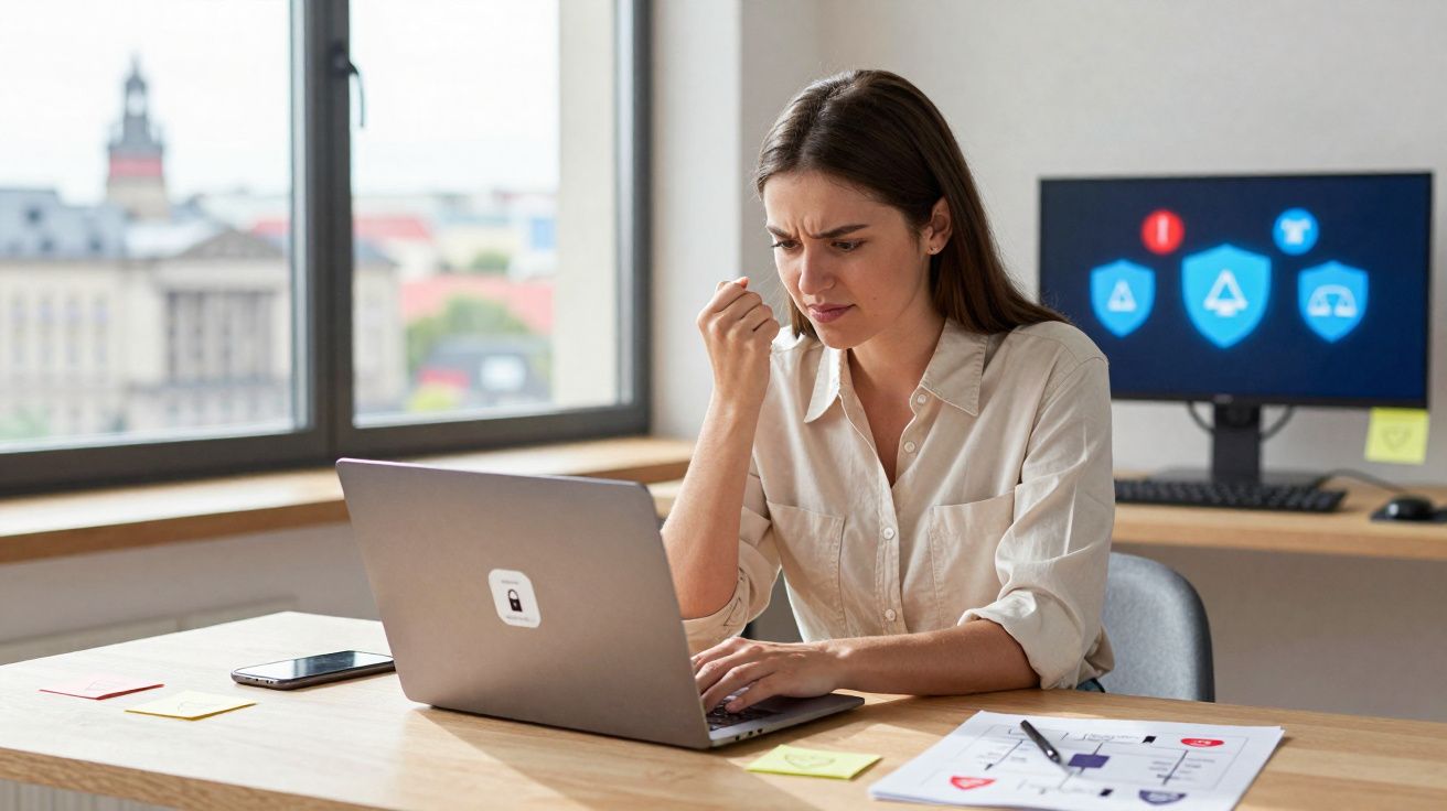 Mulher preocupada a olhar para computador portátil num escritório moderno com gráficos de segurança no ecrã.