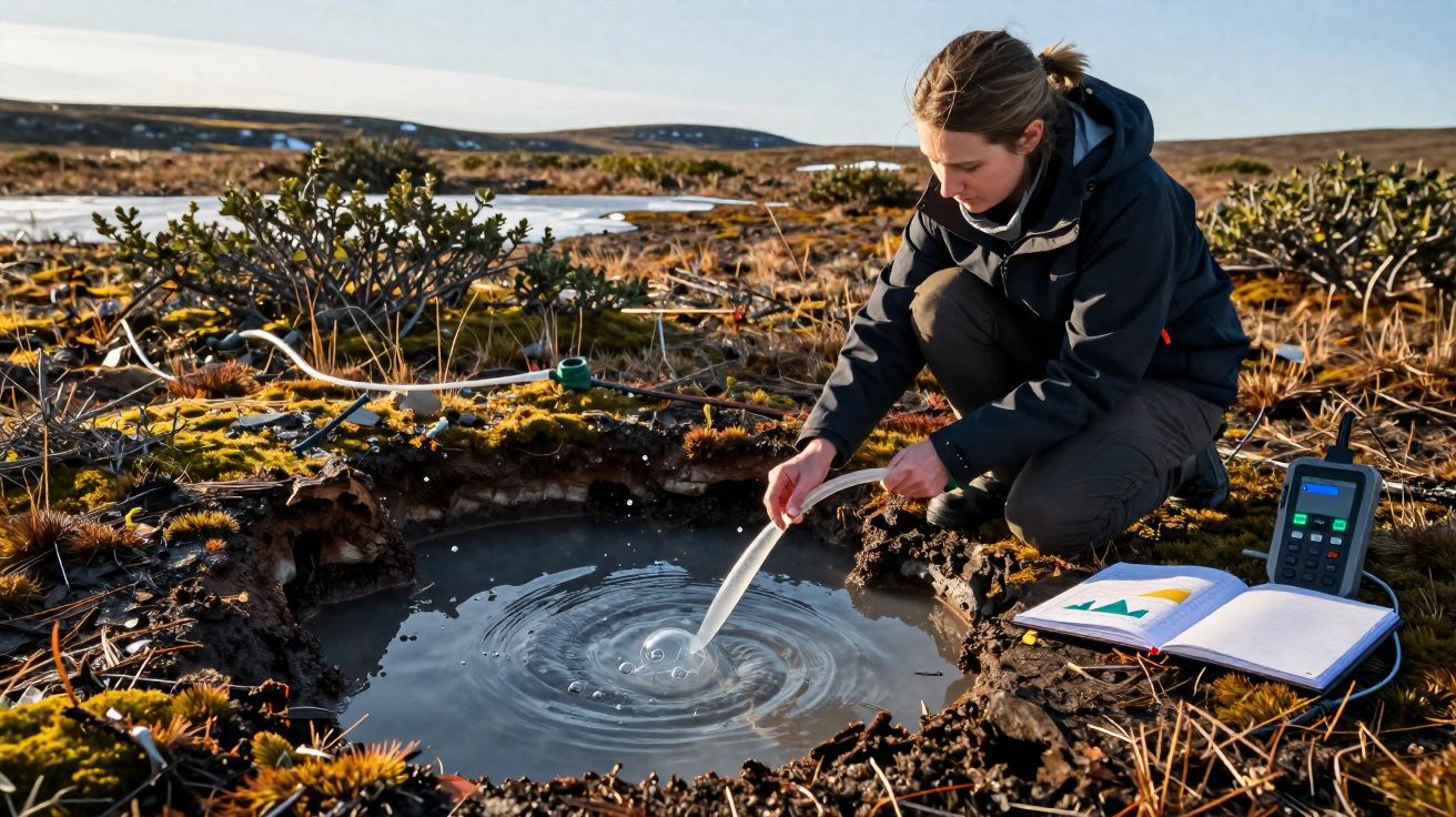 Investigadora em ambiente natural a recolher amostra de água de lagoa para análise científica.