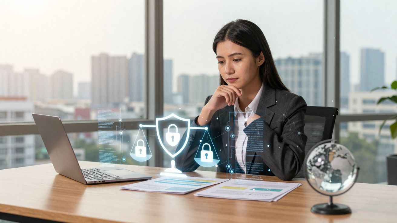 Mulher de negócios a analisar informações de segurança digital no escritório com hologramas de cadeados e balança.