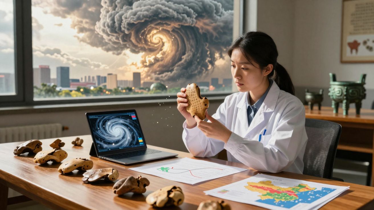 Mulher cientista analisa biscoito em forma de animal com tornado visível pela janela atrás dela.