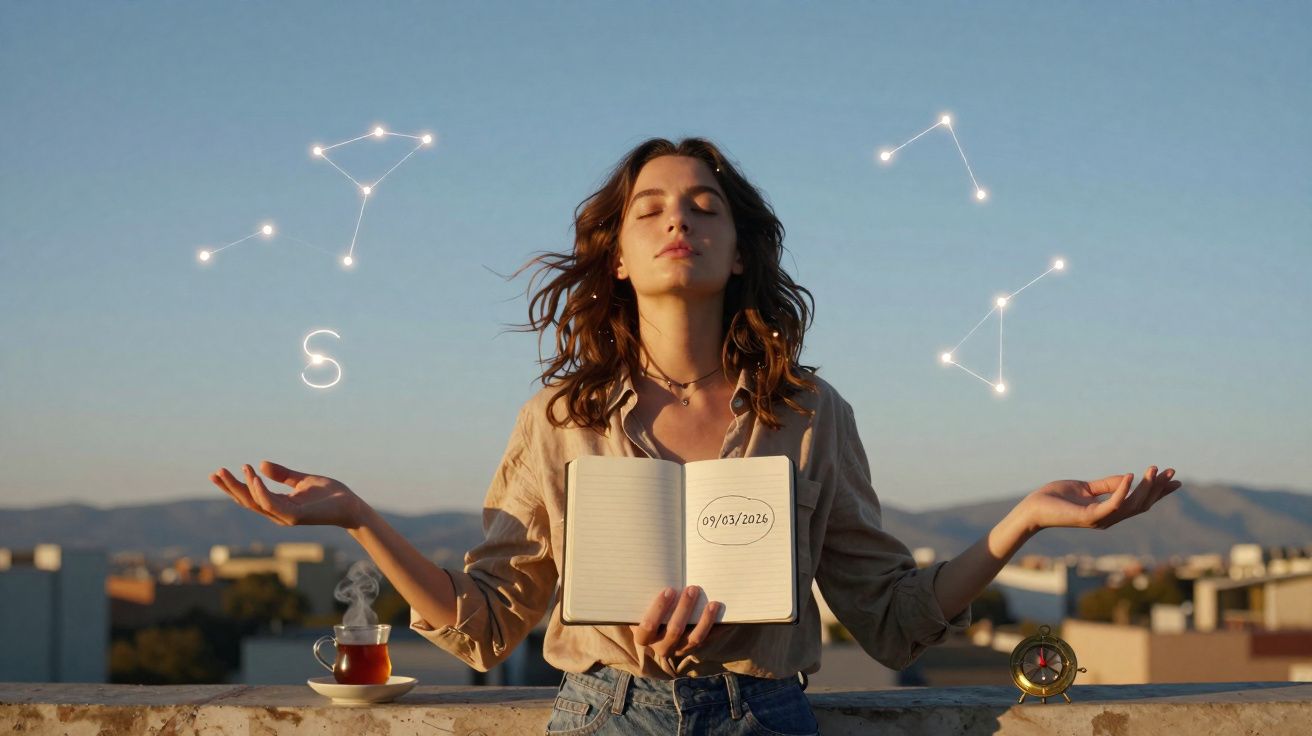 Mulher medita ao ar livre com livro aberto e constelações brilhantes no céu ao seu redor.